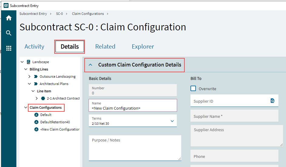 AddingSubcontractClaimConfig